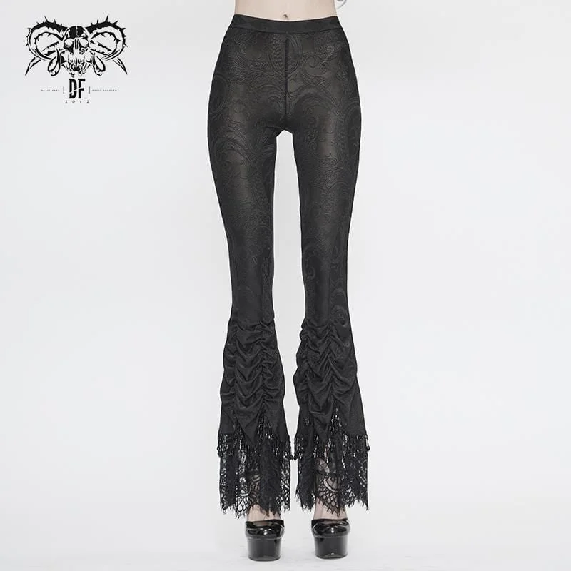 Flare dresses with ruffle accents for a playful look -Women's Vintage Gothic Black Laced Trimmed Flared Trousers Flare dresses with ruffle accents for a playful look -Women's Vintage Gothic Black Laced Trimmed Flared Trousers