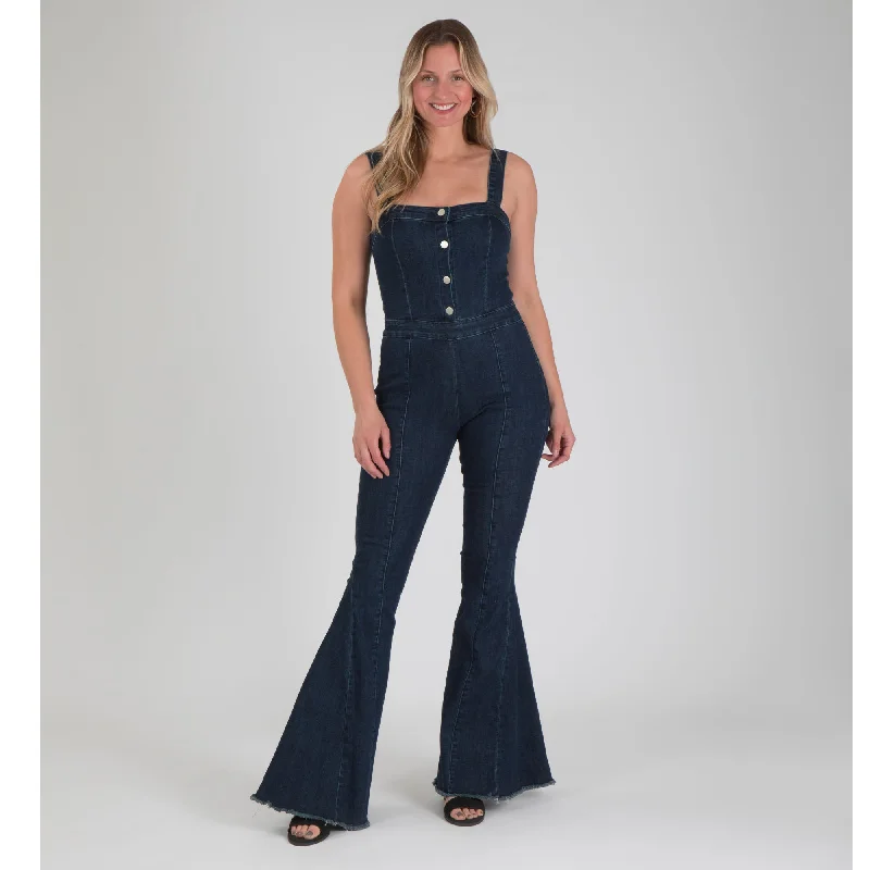 Flare dresses with off-shoulder designs for a romantic look -Denim Flare Leg Button Up Jumpsuit Flare dresses with off-shoulder designs for a romantic look -Denim Flare Leg Button Up Jumpsuit