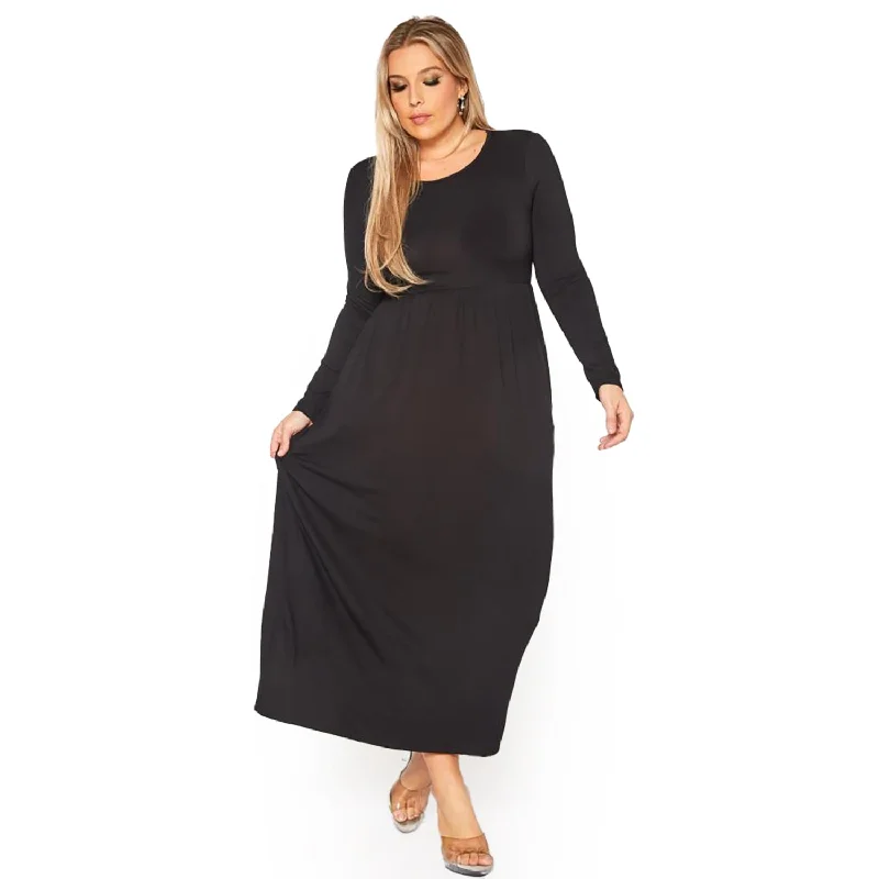 Denim flare dresses for a casual vibe -Plus Size Women's Basic Long Sleeve Fit & Flare Maxi Dress