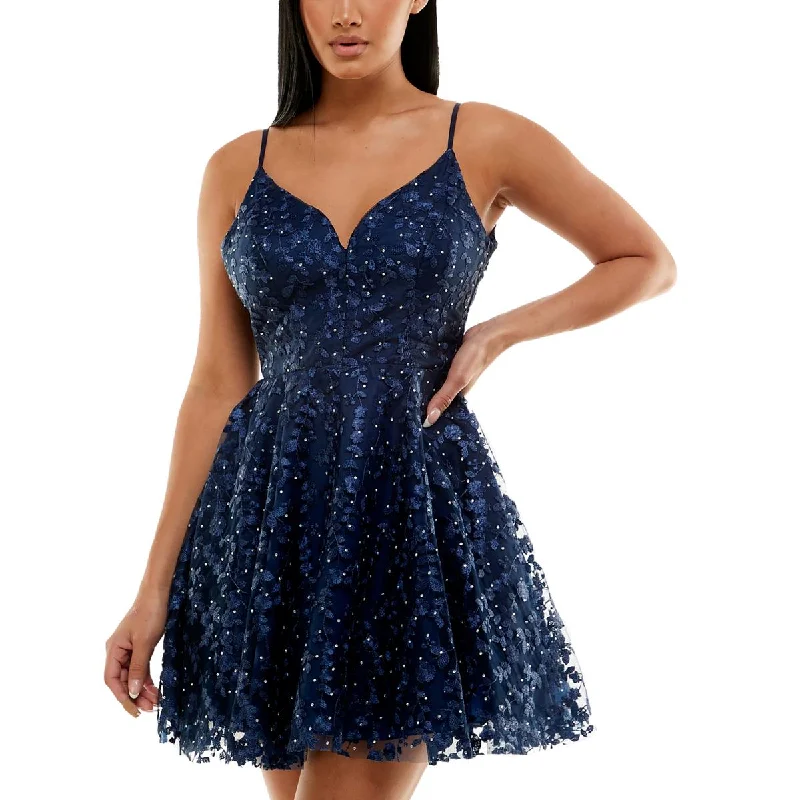 Flare dresses with side zippers for a sleek appearance -Bee Darlin Womens Juniors Embroidered Embellished Fit & Flare Dress Flare dresses with side zippers for a sleek appearance -Bee Darlin Womens Juniors Embroidered Embellished Fit & Flare Dress
