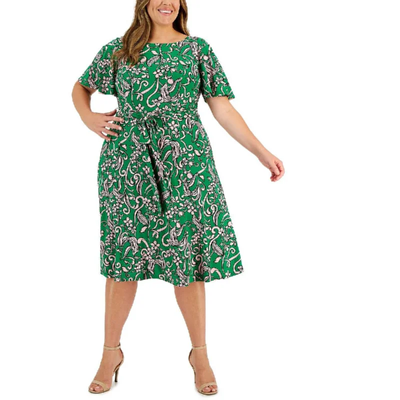 Flare dresses with buttoned cuffs for a refined touch -Kasper Womens Plus Party Knee Fit & Flare Dress Flare dresses with buttoned cuffs for a refined touch -Kasper Womens Plus Party Knee Fit & Flare Dress