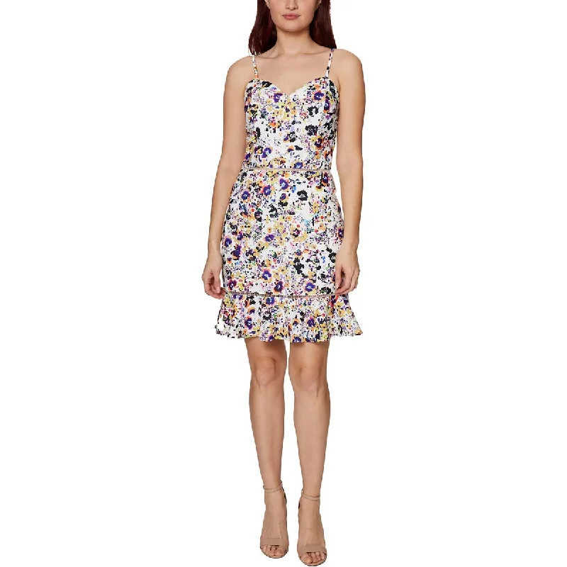 Flare dresses with pleated skirts for added texture -Betsey Johnson Womens Petites Ruffled Hem Watercolor Print Fit & Flare Dress