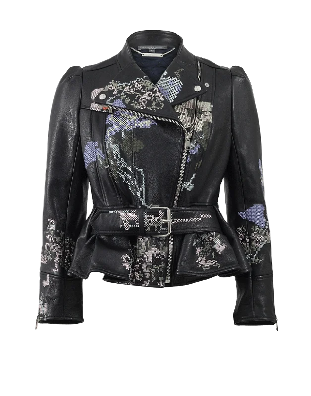 Cross-Stitch Peplum Leather Jacket