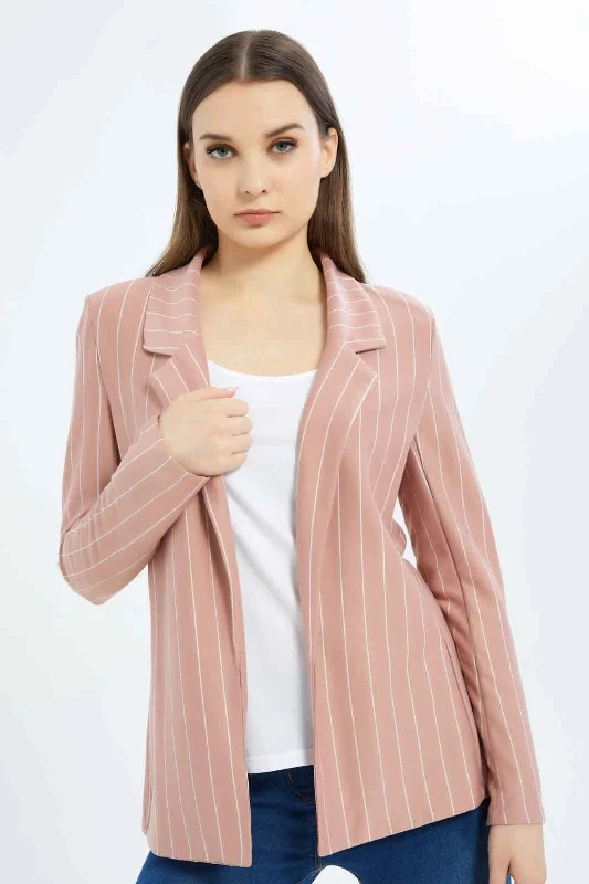 Women Pink Striped Rolled Up Sleeve Jacket