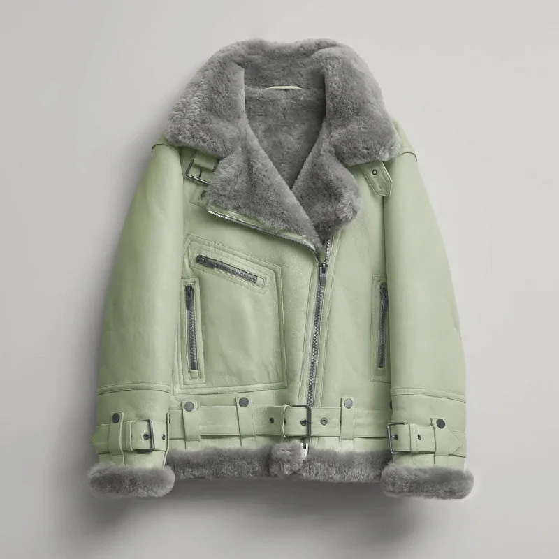 Women Green RAF Aviator  Styled Sheepskin Shearling Leather Jacket