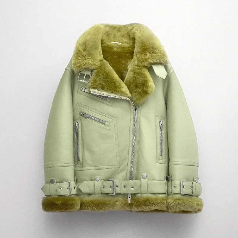 Women Light Green Aviator Styled Sheepskin Shearling Leather Jacket