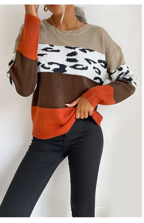 Women's Round Neck Colour Contract Jumper With Leopard Print Detail