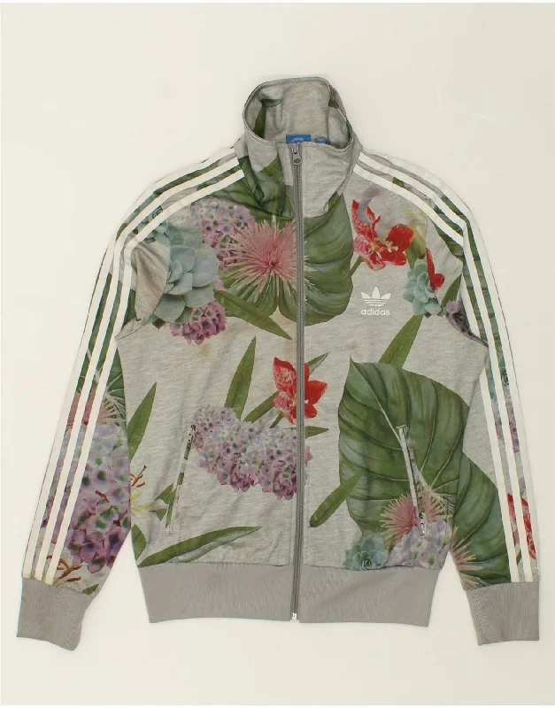 ADIDAS Womens Graphic Tracksuit Top Jacket UK 14 Large Grey Floral