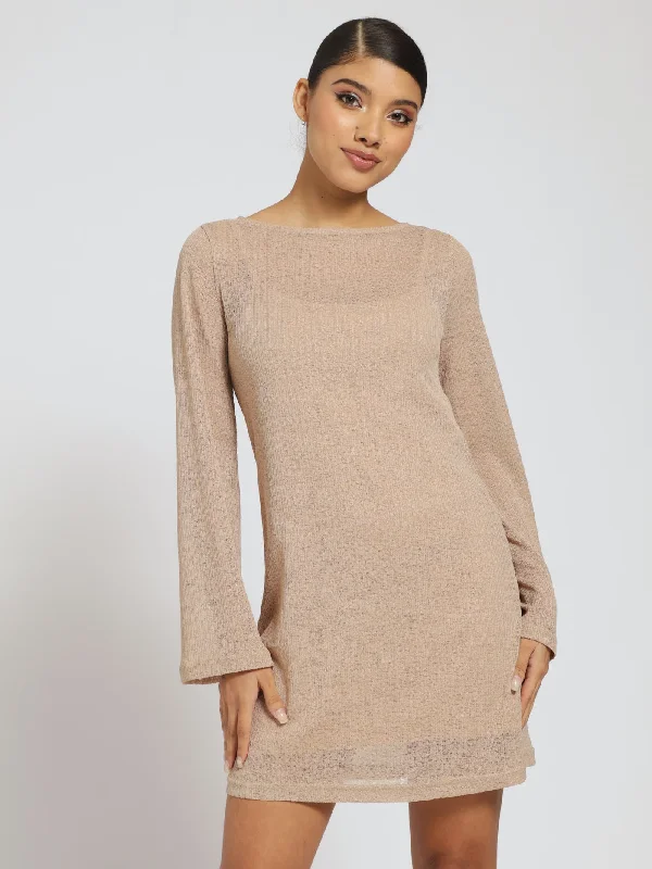 Long Sleeve Crochet Look Mini Dress - Beige