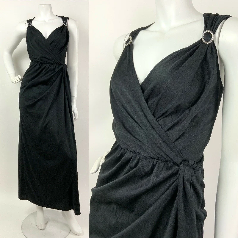 VINTAGE 60s 70s BLACK DIAMANTE PLUNGE NECK STUDIO 54 WRAP MAXI DRESS GOWN 6 8 10