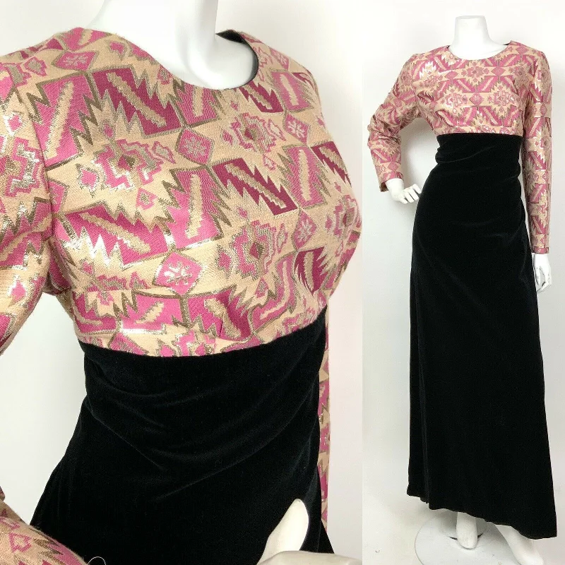 VINTAGE 60s 70s BLACK PINK GOLD SILVER GEOMETRIC AZTEC VELVET MAXI DRESS 12