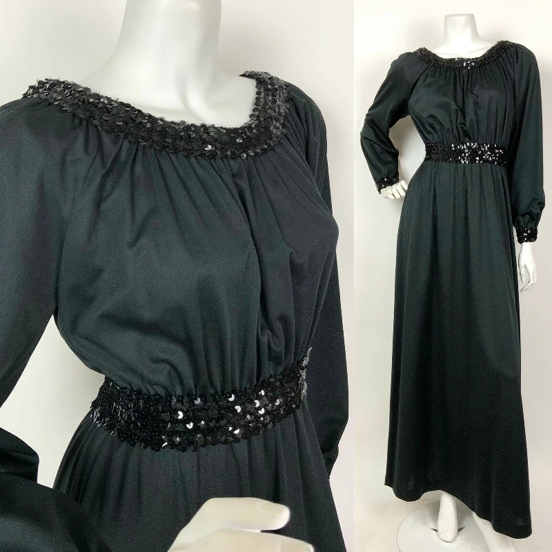 VINTAGE 60s 70s BLACK SEQUINNED RUCHED DISCO GLAM MAXI DRESS 8 10 12