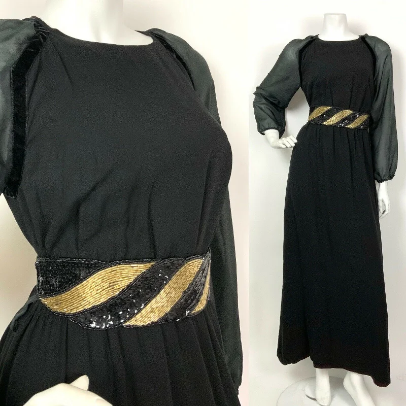 VINTAGE 60s 70s BLACK SHEER PUFF SLEEVE PARTY MAXI DRESS 8 10