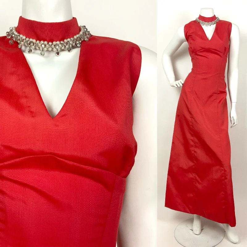 VINTAGE 60s 70s RED PEARL DISCO BALL DIAMANTE BEADED CUT-OUT MAXI DRESS 10