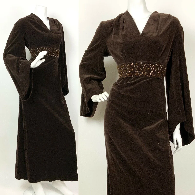 VTG 60s 70s BROWN BRONZE STAR BEADED BELL SLEEVE FOLK BOHO VELVET MAXI DRESS 12