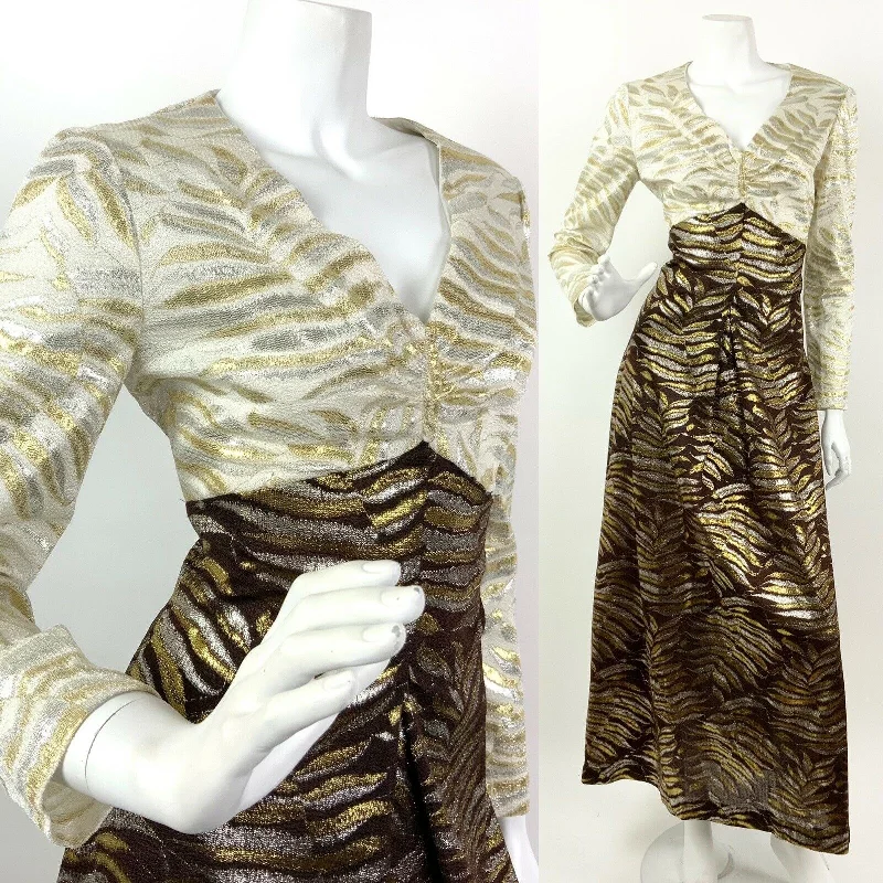 VTG 60s 70s CREAM BROWN METALLIC GOLD SILVER FERN STUDIO 54 DISCO MAXI DRESS 10