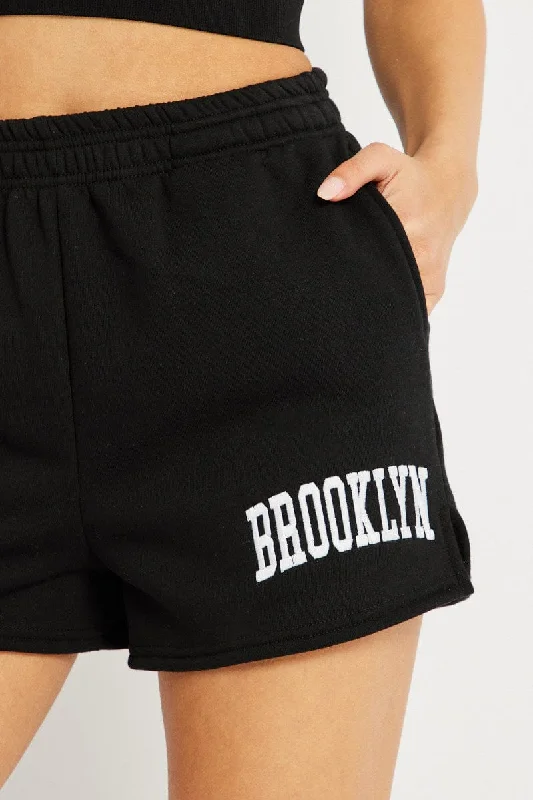 Black Track Shorts High Rise Elastic Waist