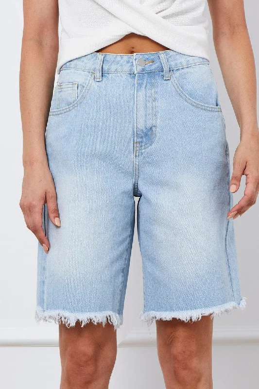 Blue Knee Length Denim Shorts High Rise