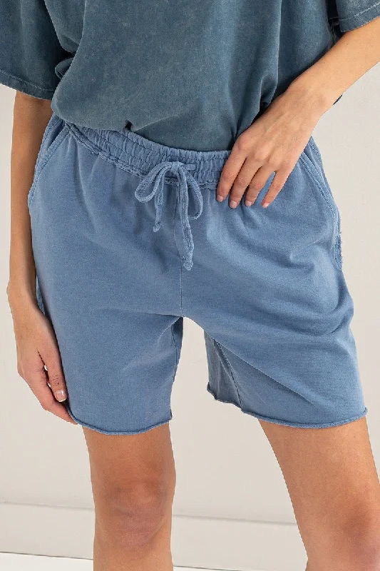 Blue Raw Hem Drawstring Shorts