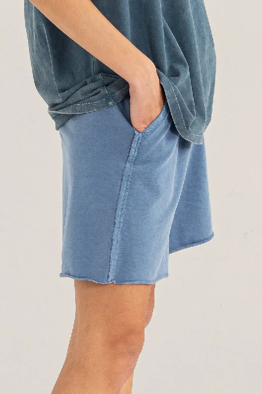 Blue Raw Hem Drawstring Shorts