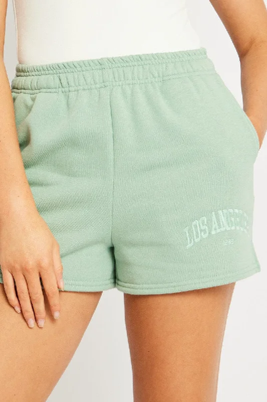 Green Track Shorts High Rise Elastic Waist