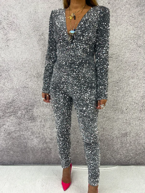 All Over Sequin V Neck Jumpsuit In Silver