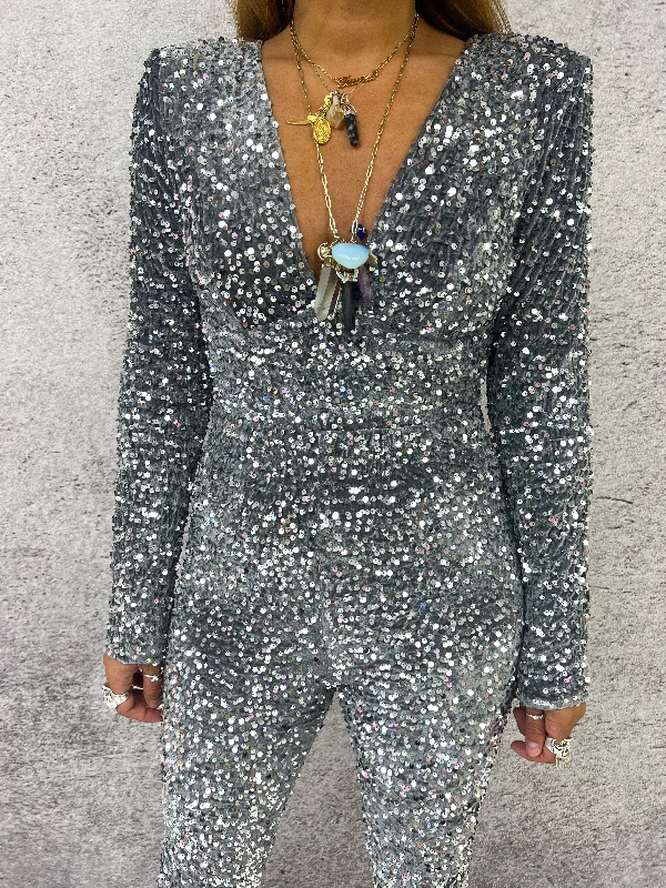 All Over Sequin V Neck Jumpsuit In Silver