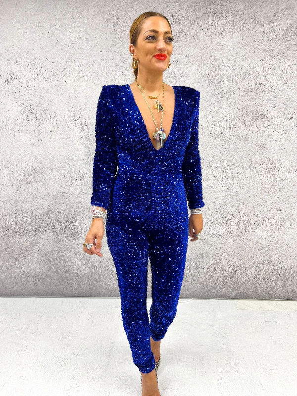 All Over Sequin V Neck Jumpsuit In Blue