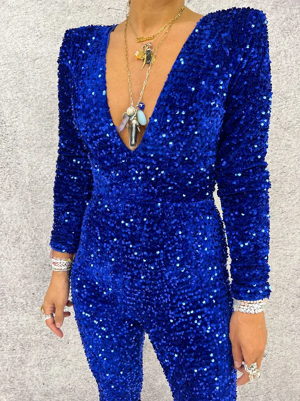 All Over Sequin V Neck Jumpsuit In Blue