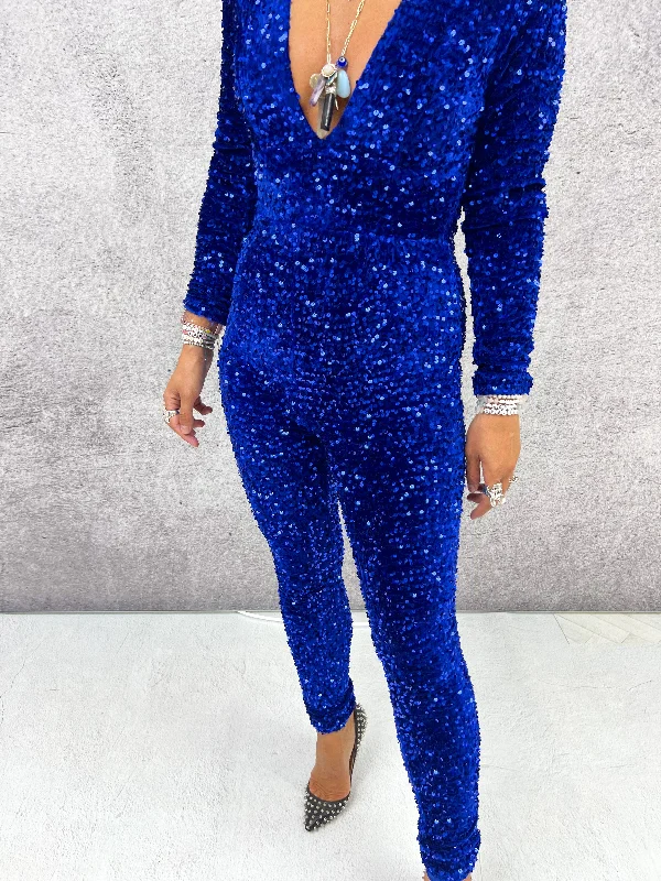 All Over Sequin V Neck Jumpsuit In Blue