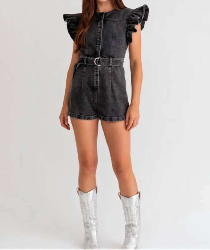 Denim Ruffle Sleeve Romper In Charcoal