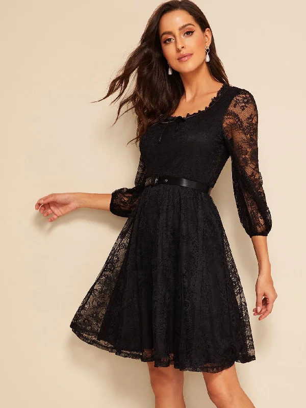 Shop dresses for cocktail parties -40s Lace Overlay Belted Dress