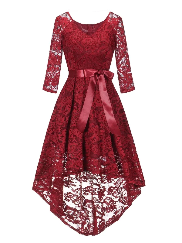 Stylish dresses for everyday wear -50s Lace Overlay Knot High Low Dress