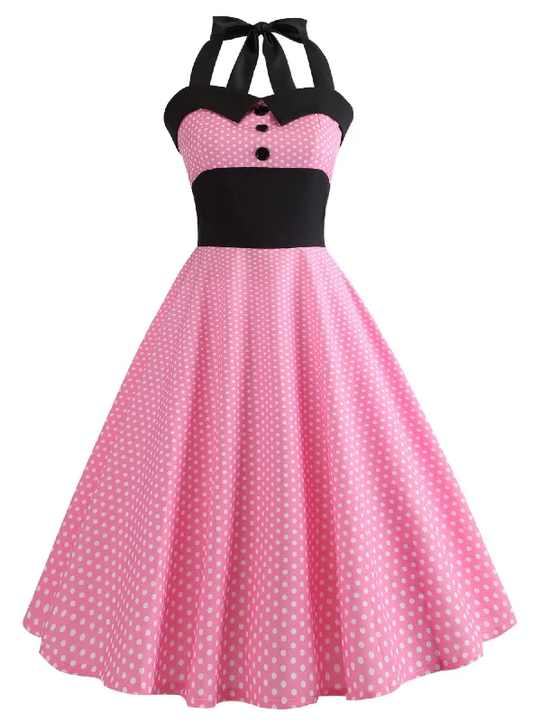 Shop maxi dresses for tall women -50s Polka Dot Contrast Panel Halter Dress