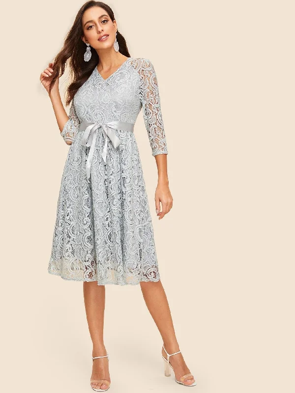 Unique dresses for brides -50s Ribbon Tie Waist Lace Overlay Dress