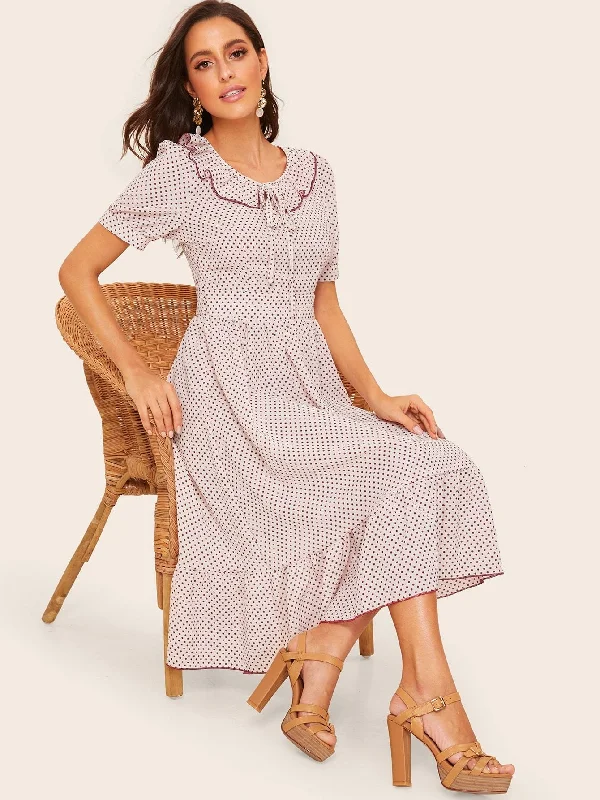 Short dresses for women for date night -50s Ruffle Trim Knot Detail Dot Dress