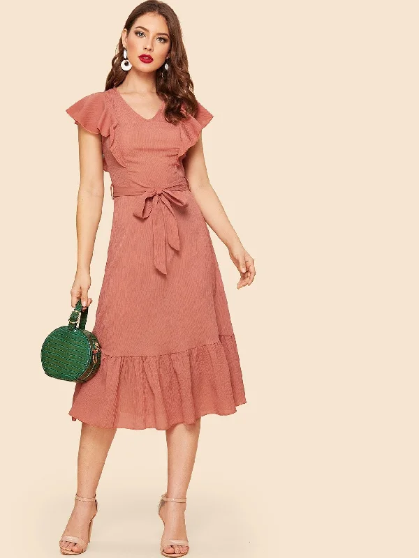 Elegant evening dresses for prom -70s Ruffle Armhole Self Belted Dress