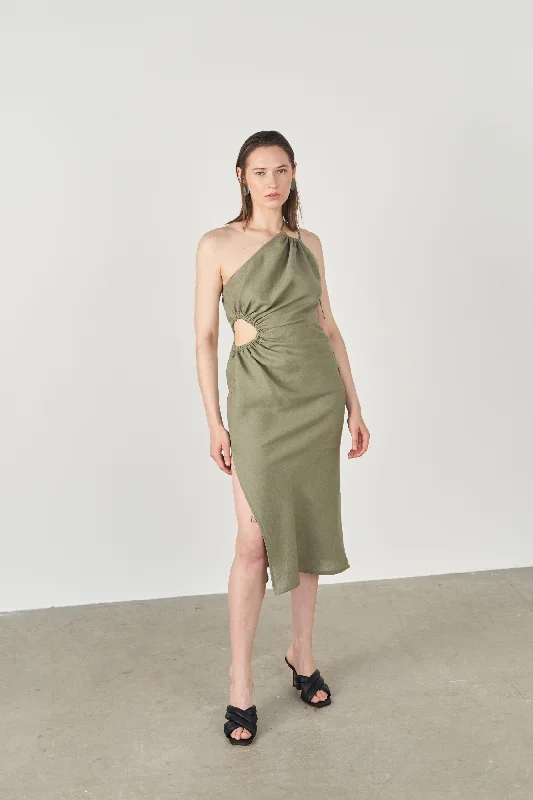 Mini dresses with geometric patterns for a bold statement -Khaki Akele Sustainable Ruched One-Shoulder Midi Dress