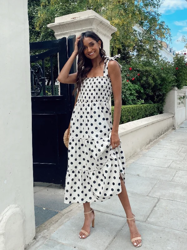 Draped mini dresses for a flattering silhouette -Alexia Shirred Tie Strap Midi Dress / Stone And Black Spot