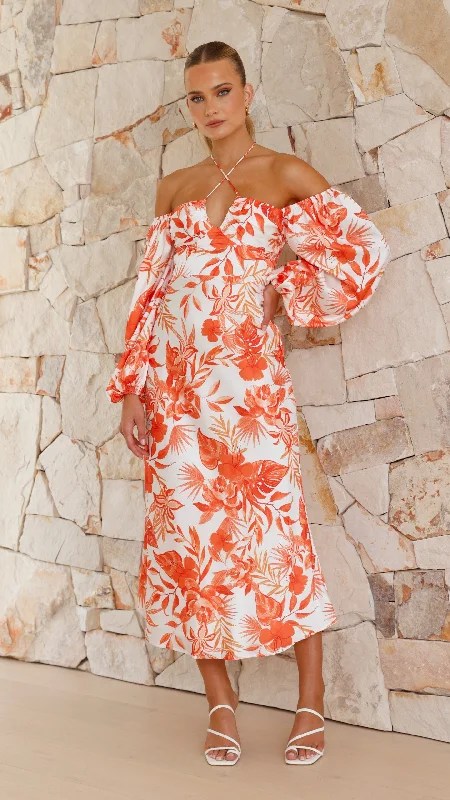 Mini dresses with side pockets for added convenience -Aline Midi Dress - Orange Floral Mini dresses with side pockets for added convenience -Aline Midi Dress - Orange Floral
