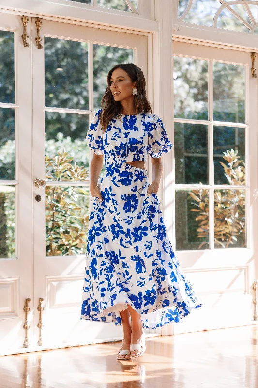 Belted mini dresses for a defined waistline -Aminah Puff Sleeve Dress - Blue Floral