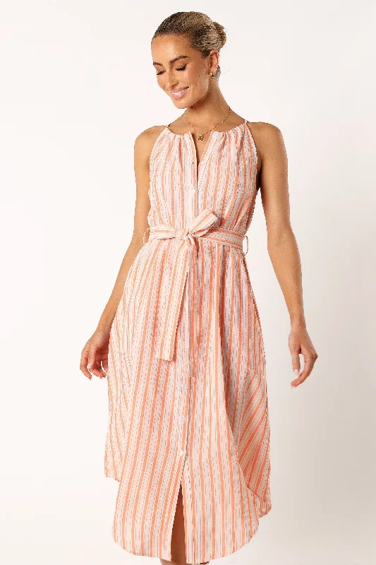 Pleated mini dresses with high waist for a flattering fit -Arabella Midi Dress - Orange Stripe Pleated mini dresses with high waist for a flattering fit -Arabella Midi Dress - Orange Stripe