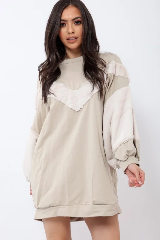 Shop beautiful slip dresses for women -Beige Chevron Fur Jumper Dress - Esme