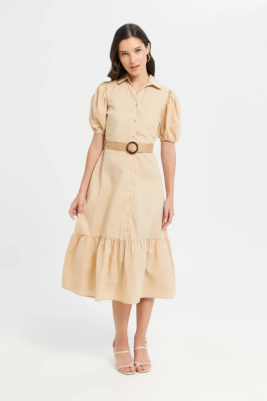 Affordable dresses for vacation wardrobe -Woman Beige Belted Dress