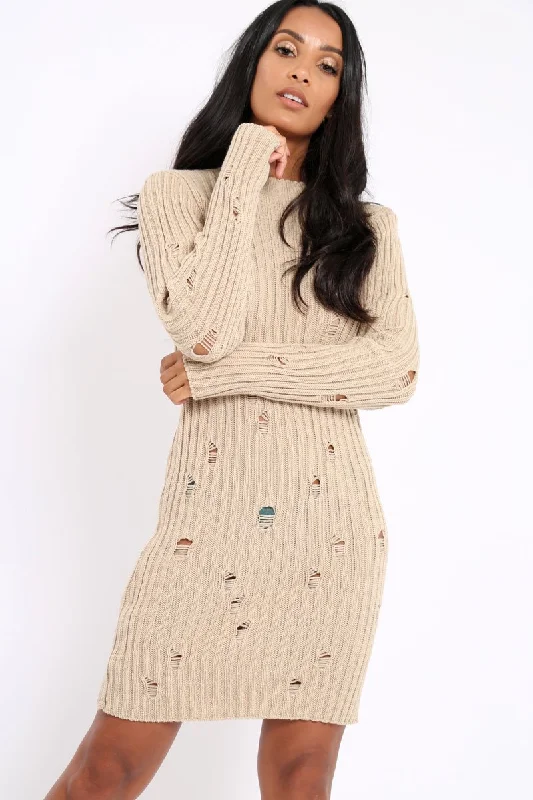 Dress styles for women in all seasons -Beige Knit Distressed Jumper Dress - Cheryl