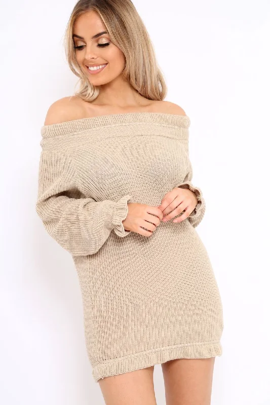 Shop dresses for beach vacations -Beige Knitted Bardot Jumper Dress with Elasticated hems - Kirsty