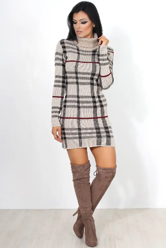 Shop mini dresses for summer parties -Beige Knitted Jumper Dress-Kande