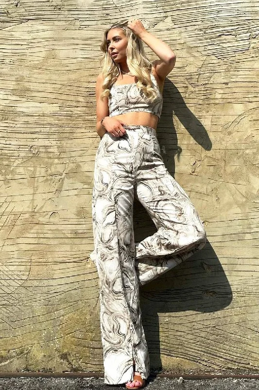Buy elegant dresses for black tie events -Beige Marble Halter Crop Trouser Co-ord - Delta