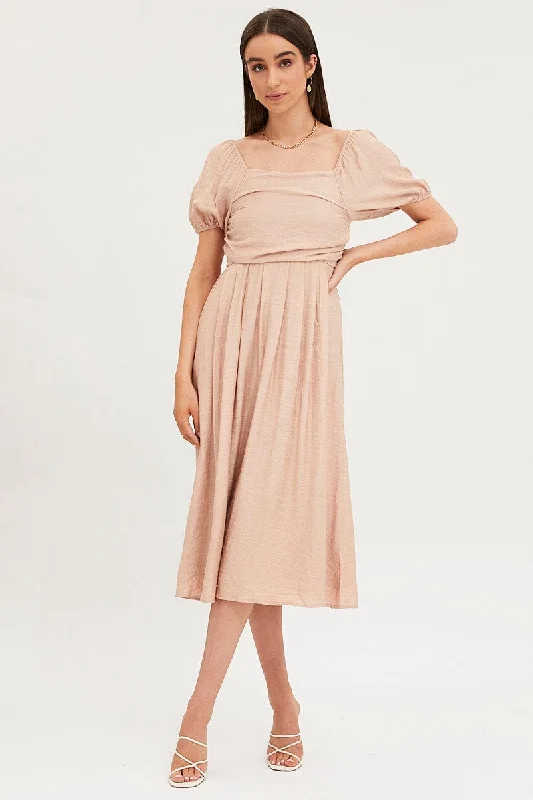 Mini dresses with asymmetrical neckline for a unique design -Beige Midi Dress Evening Square Neck Mini dresses with asymmetrical neckline for a unique design -Beige Midi Dress Evening Square Neck
