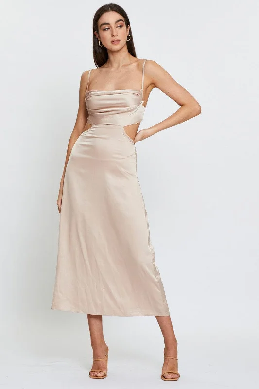White mini dresses for summer weddings -Beige Midi Dress Satin